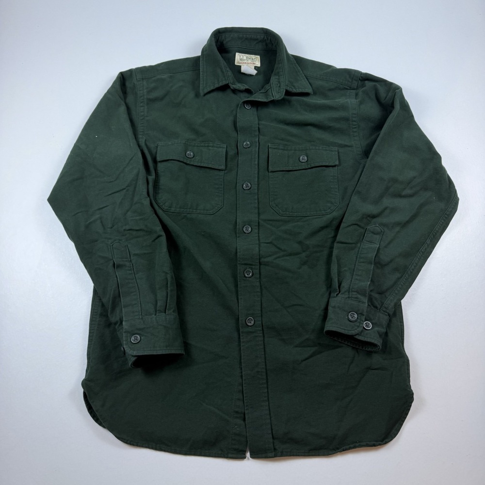 LL Bean Dark Green Chamois 100% Cotton Flannel Shirt Men's Size Small EUC